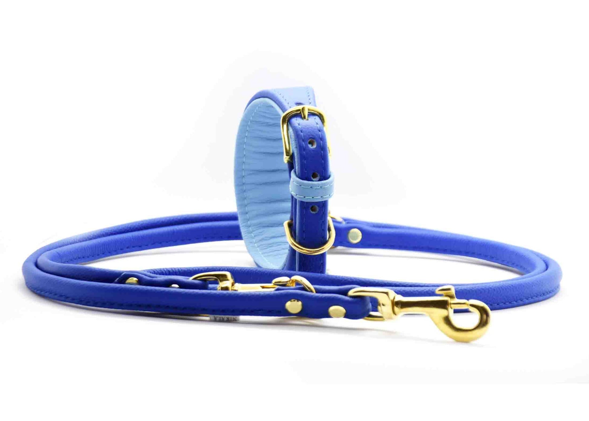 Leder-Hundeleine und breites Windhundhalsband als Set- blau
