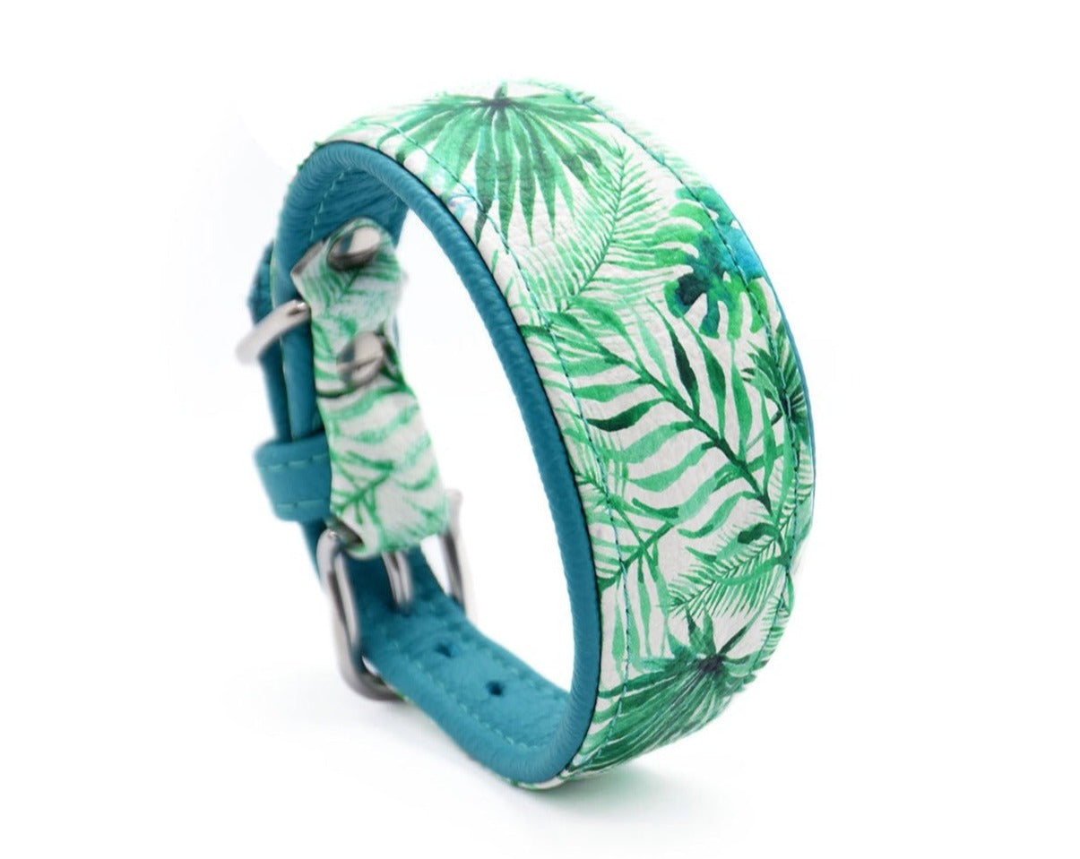 JUNGLE Windhundhalsband ・Tropisches Dschungeldesign aus Kunstleder und Echtleder