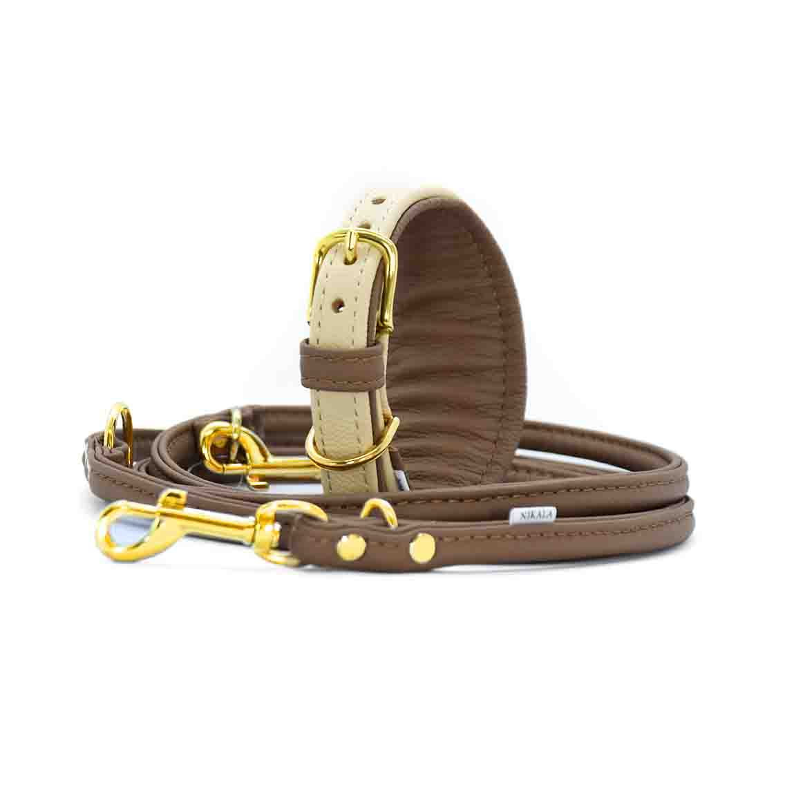 Breites Windhundhalsband mit passender Lederleine in Wunschfarbe- auf dem Bild in Mokka (taupe) und creme