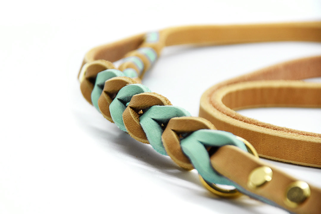 Detailaufnahme robuste geflochtene Fettlederleine mit Messingbeschlägen aus mintfarbenen und kamelbraunen Leder- perfekt als Windhundleine