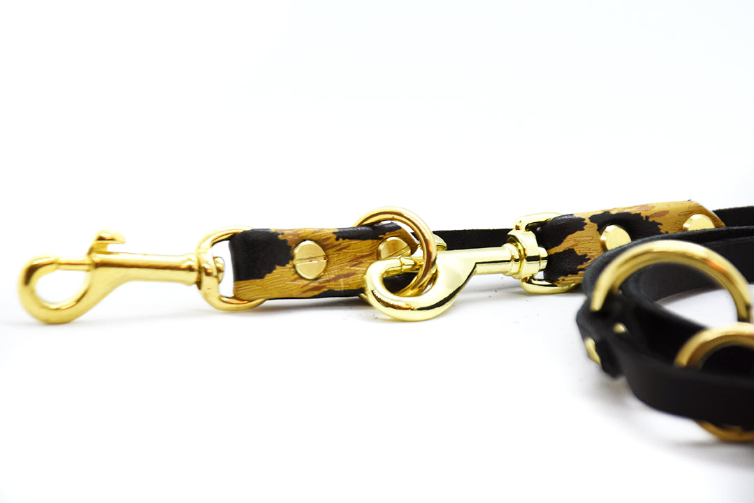 Detailaufnahme Leomusterbesatz auf schwarzer Fettlederleine für Windhunde