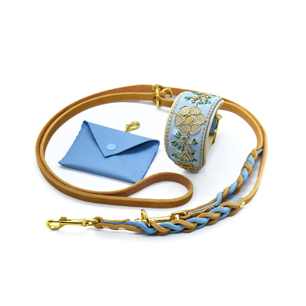 SARI Halsband・Windhund・Edles Lederhalsband mit indischer Borte lightblue