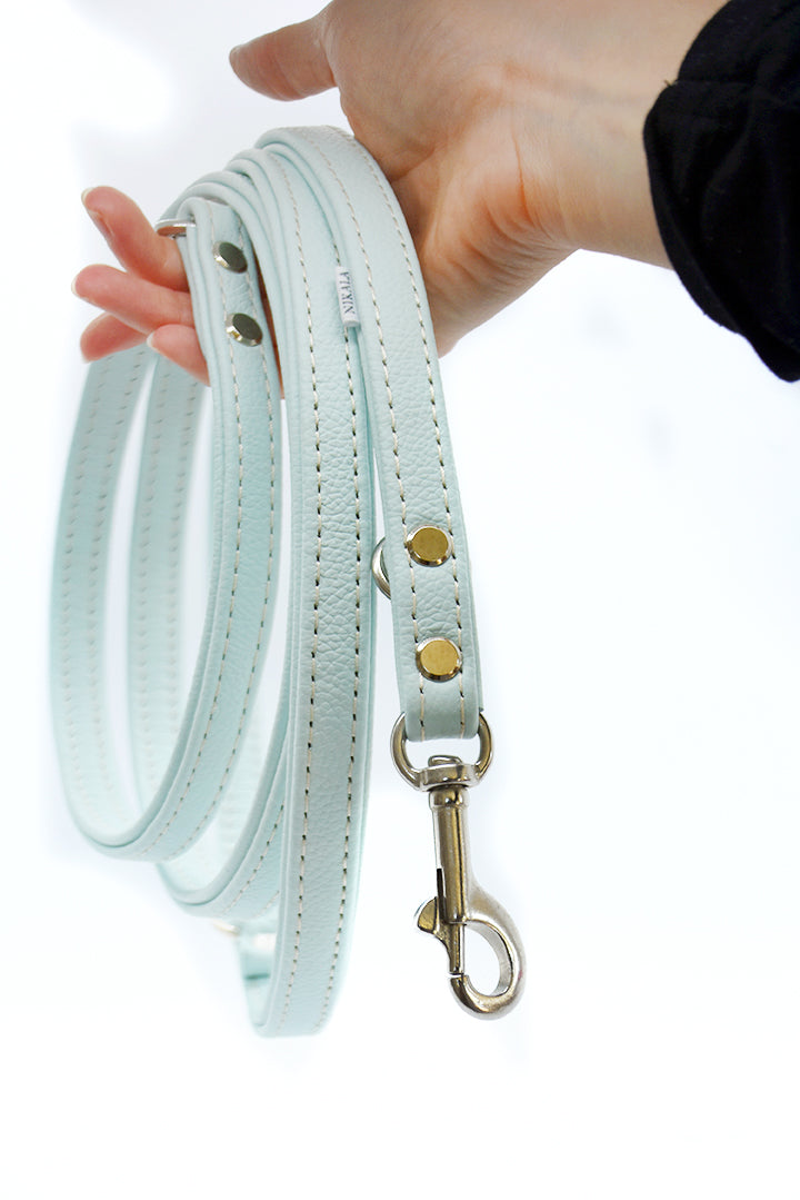 Handgefertigte Hundeleine aus weichem eisblauem Nappaleder mit silbernen Beschlägen