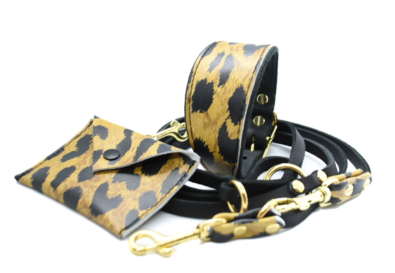 LEO LOVE Set: Schwarzes Fettlederhalsband, passende Leine & Lederbeutel mit Zierbesatz