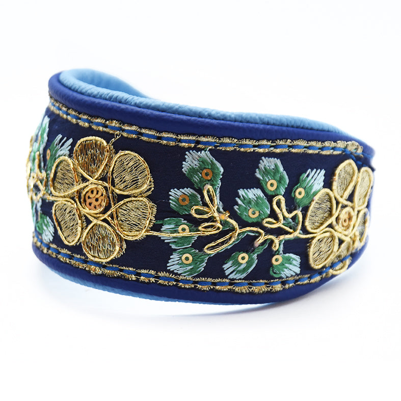 SARI Halsband・Windhund・Edles Lederhalsband mit indischer Borte in darkblue