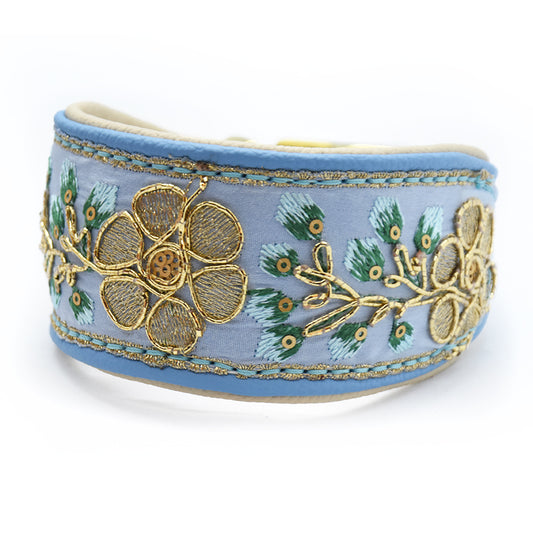 SARI Halsband・Windhund・Edles Lederhalsband mit indischer Borte lightblue