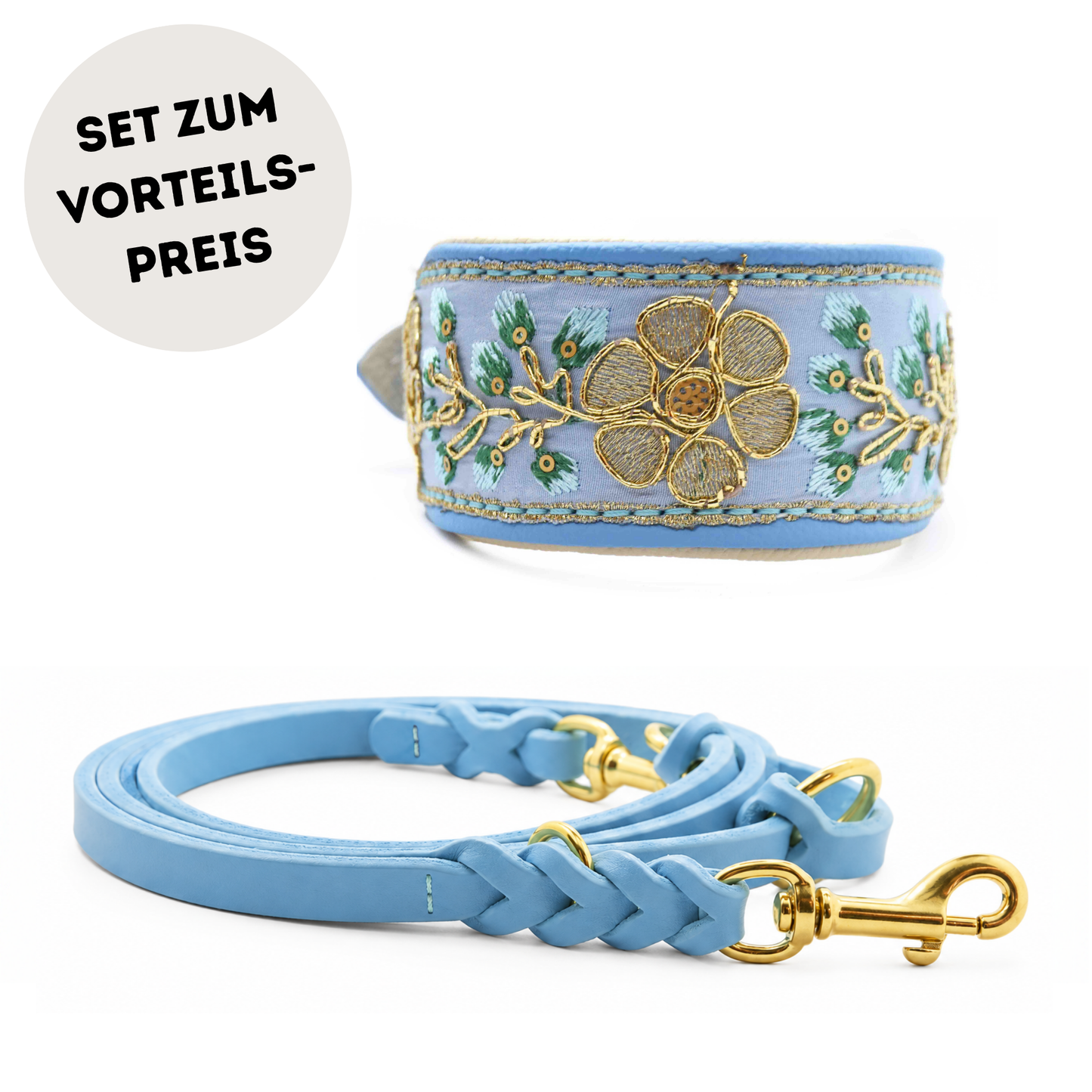 Edles Sari Set für Windhunde aus hellblauem Leder mit einem breiten Lederhalsband und Fettederleine