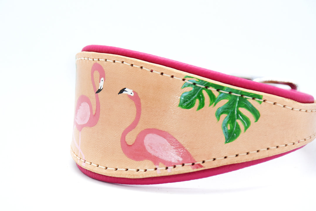 Luxuriöses handbemaltes Windhundhalsband aus Geschirrleder – tropische Motive, gepolstert für Windhunde