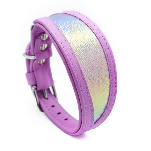 Windhundhalsband mit metallicfarbenem Inlay und fliederfarbenem Leder
