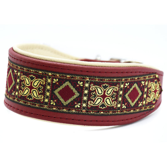 Halsband RUBIN aus Leder für Windhunde, weinrot und cremefarben mit Borte