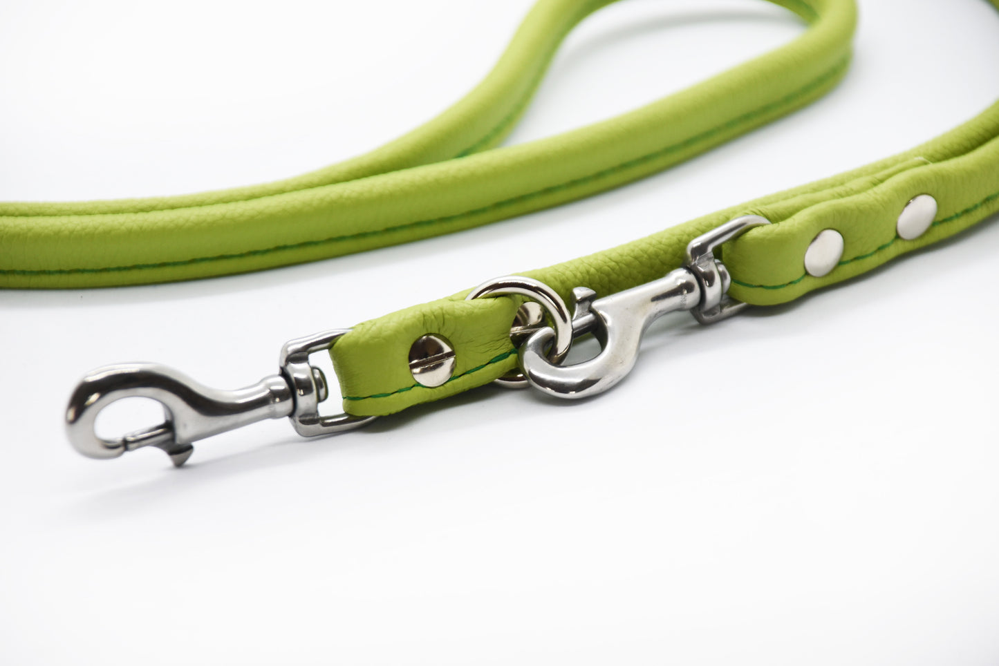 Eine vielfarbige Auswahl an doppelt gebuggten Rundlederleinen erstrahlt in lebendigen Farben. Wähle die perfekte Nuance aus, die den einzigartigen Charakter deines Hundes unterstreicht und euch beide strahlen lässt.
