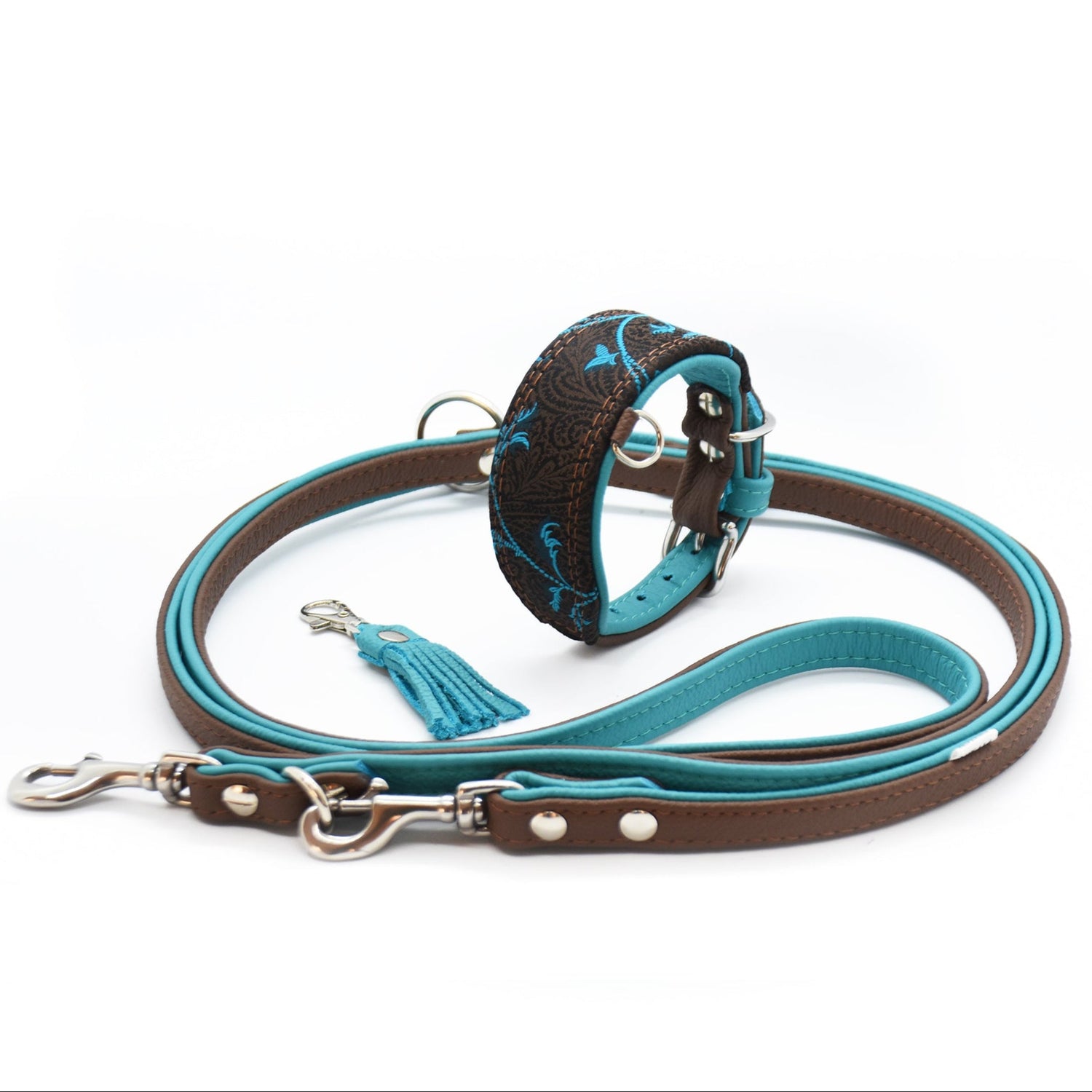 Breites Windhundhalsband und Lederleine in türkis und schokobraun mit Blumenmuster