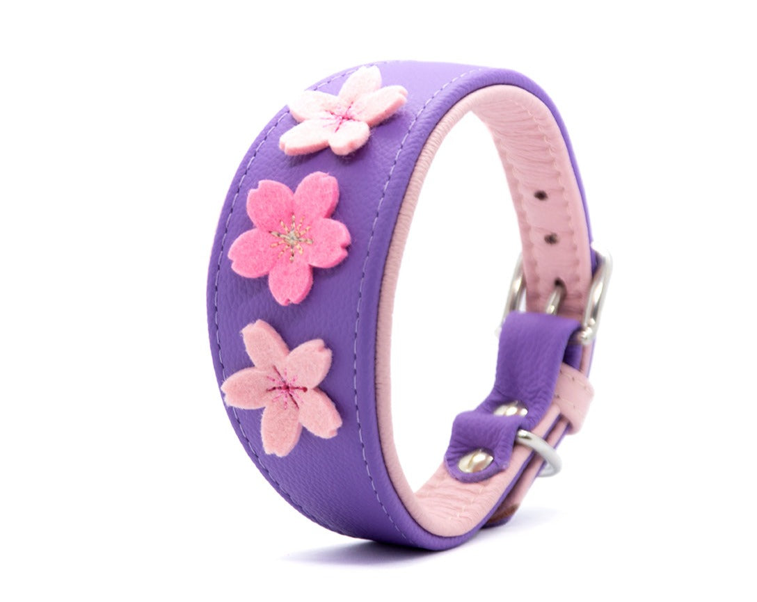 SAKURA Windhundhalsband aus Leder ❀ Gepolstertes Halsband mit Filzblüten