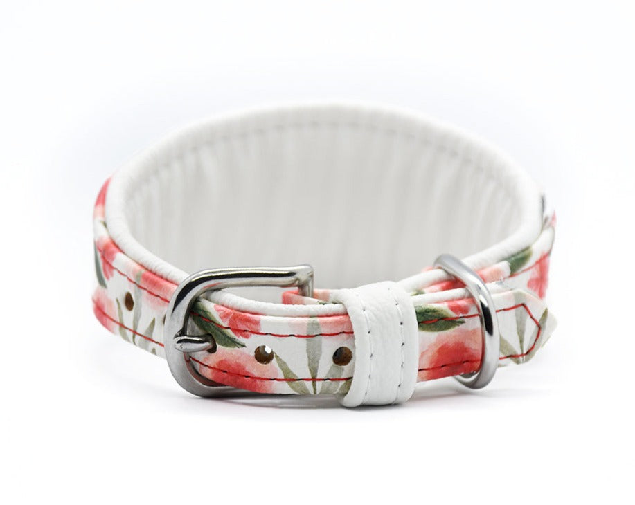 Hundehalsband Leder mit Rosen und weißem Leder