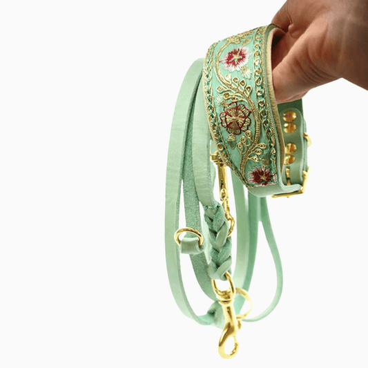 SARI FLORA MINT Set | Windhundhalsband & geflochtene Fettlederleine
