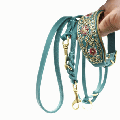 SARI FLORA PETROL Set | Windhundhalsband & geflochtene Fettlederleine