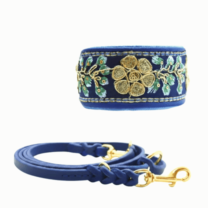 SARI Darkblue Set | Edles Windhund Halsband mit passender Lederleine