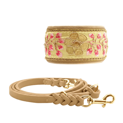 SARI Yellow Set – Edles Windhund-Halsband mit passender Lederleine