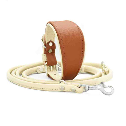 Individuell gefertigtes Halsband-Leine-Set aus Leder für Windhunde- cognacbraun und creme