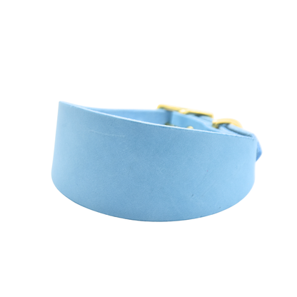 Breites Windhundhalsband aus himmelblauem Fettleder mit edlen Messingdetails