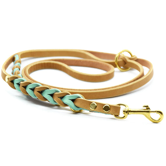 Robuste geflochtene Fettlederleine mit Messingbeschlägen aus mintfarbenen und kamelbraunen Leder- perfekt als Windhundleine