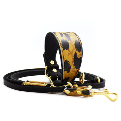 Nahaufnahme Lederstruktur und Leomuster-Zierbesatz auf Halsband und Leine im Set