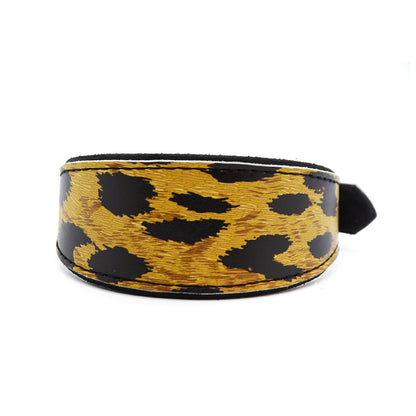 Breite Auflagefläche und Leomuster-Zierbesatz – schwarzes Fettleder Windhundhalsband