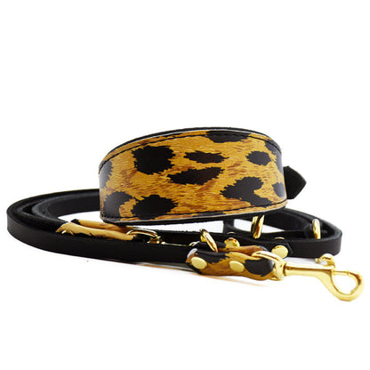 Schwarzes Fettleder Windhundhalsband mit Leomuster-Zierbesatz im Set mit passender Fettlederleine

