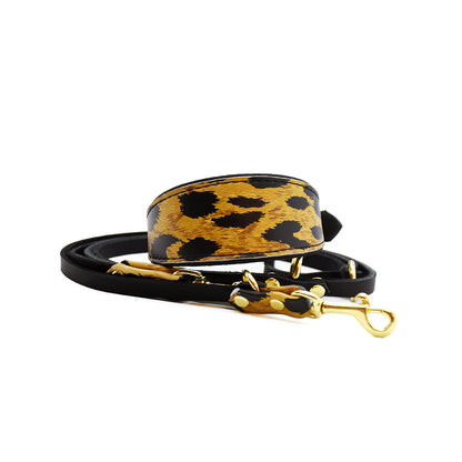 Hochwertige Fettlederleine mit Lederbesatz im Leomuster, komfortabler Griff