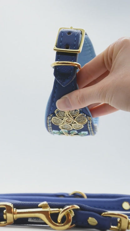 SARI Halsband・Windhund・Edles Lederhalsband mit indischer Borte in darkblue