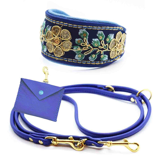 SARI Darkblue Set – Edles Windhund-Halsband mit passender Lederleine & Leckerlibeutel