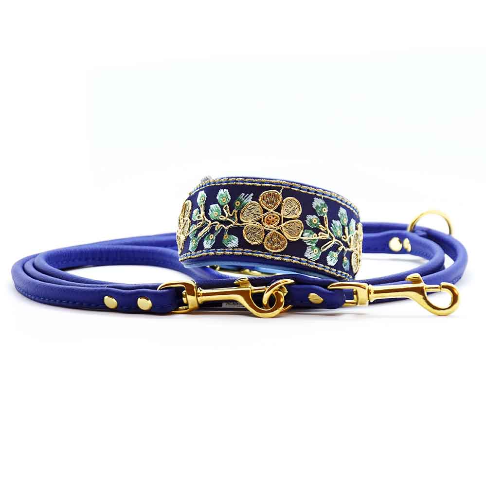 SARI Darkblue Set – Edles Windhund-Halsband mit passender Lederleine & Leckerlibeutel