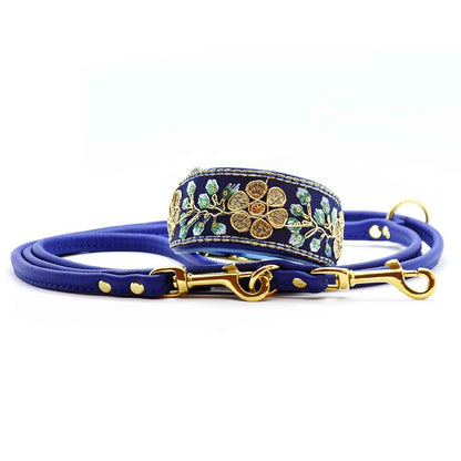 SARI Darkblue Set – Edles Windhund-Halsband mit passender Lederleine & Leckerlibeutel