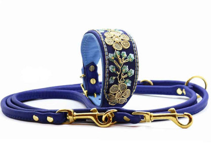SARI Darkblue Set – Edles Windhund-Halsband mit passender Lederleine & Leckerlibeutel