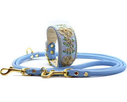 SARI Lightblue Set – Edles Windhund-Halsband mit passender Lederleine & Leckerlibeutel