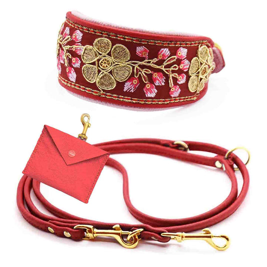 SARI Red Set – Edles Windhund-Halsband mit passender Lederleine & Leckerlibeutel