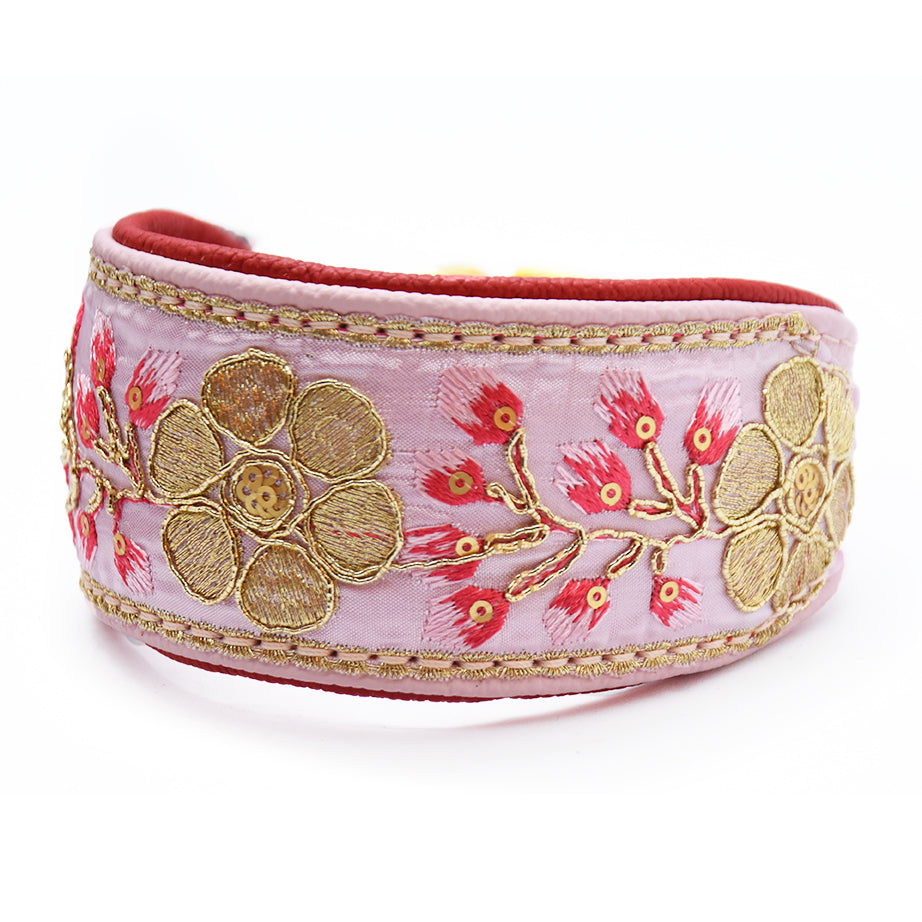 SARI Halsband・Windhund・Edles Lederhalsband mit rosa indischer Borte