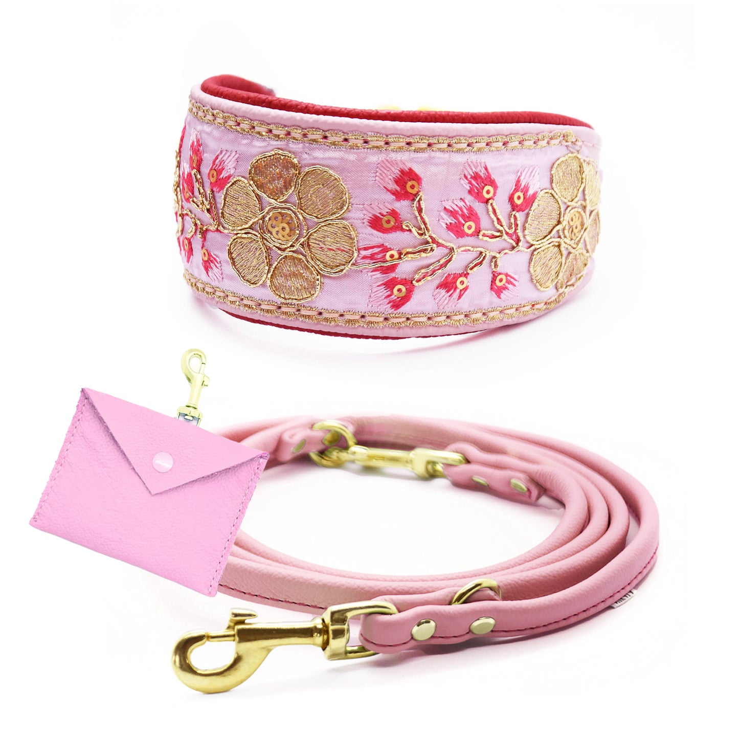 SARI Rose Set – Edles Windhund-Halsband mit passender Lederleine & Leckerlibeutel
