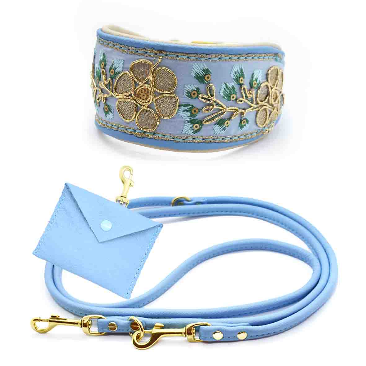 SARI Lightblue Set – Edles Windhund-Halsband mit passender Lederleine & Leckerlibeutel