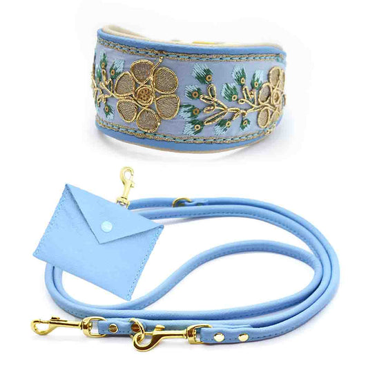 SARI Lightblue Set – Edles Windhund-Halsband mit passender Lederleine & Leckerlibeutel