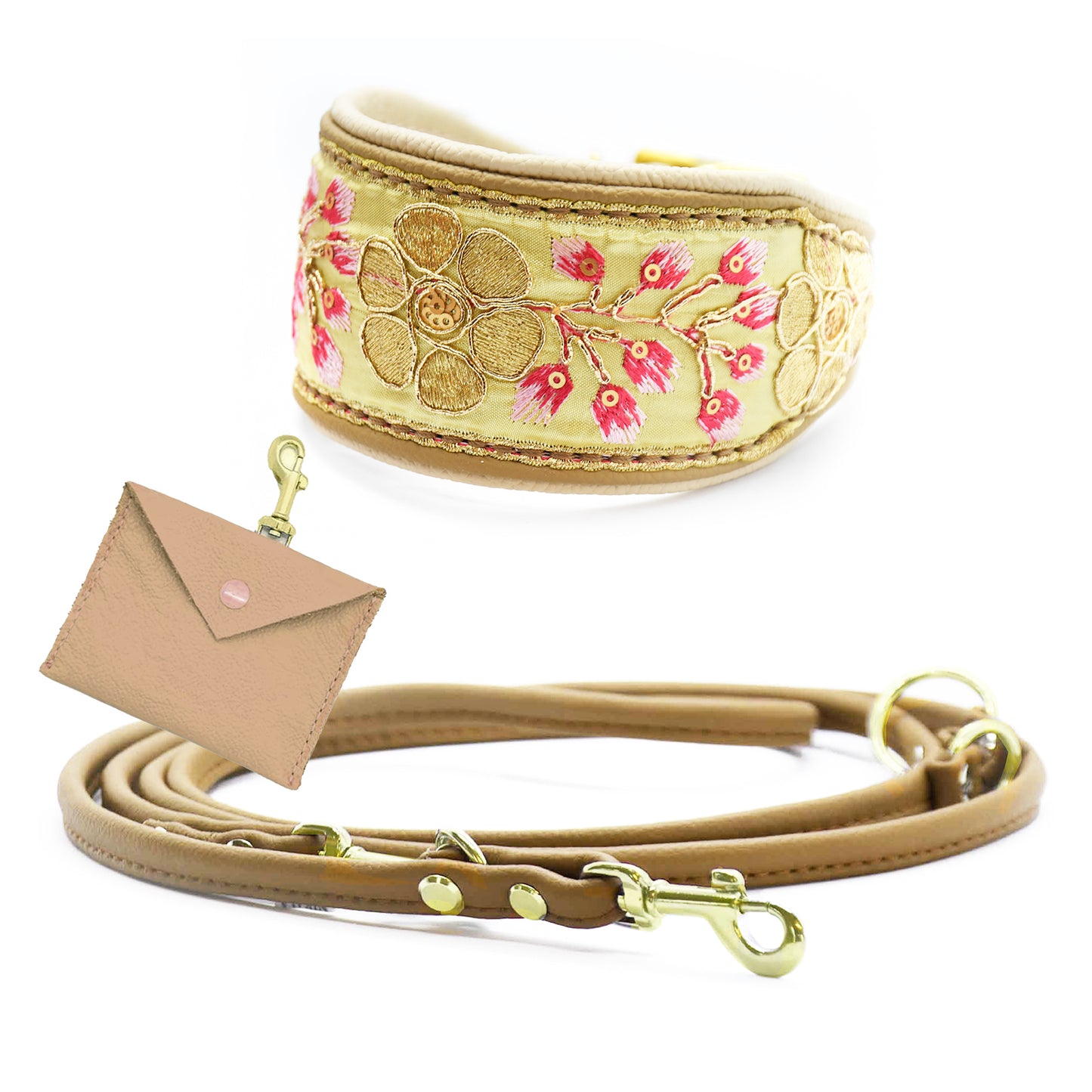 SARI Yellow Set – Edles Windhund-Halsband mit passender Lederleine & Leckerlibeutel