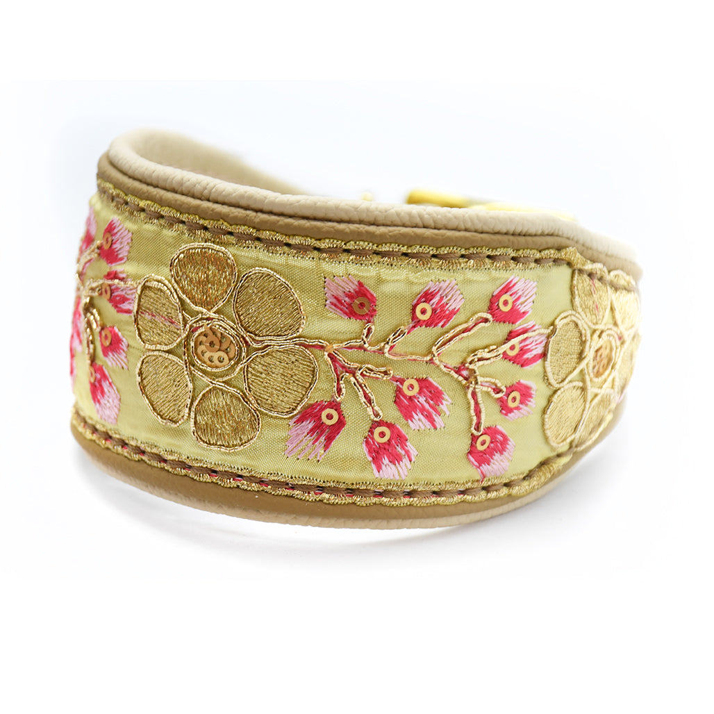 SARI Schmuckhalsband・Windhund・Edles Lederhalsband mit indischer Borte yellow