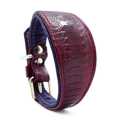 handgefertigtes Hundehalsband aus echtem Straußenbeinleder – luxuriös, langlebig und einzigartig gemasert.