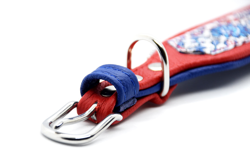 Windhundhalsband aus Leder mit rot und blau mit Borte